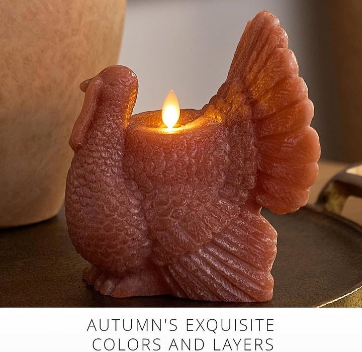 Turkey Flickering LED Candle (5.25" x 6"), Timer Function, Real Unscented Flameless Wax, Chalky Finish, Caramel Café, Fall Harvest Decoration, Autumn Home Decor, Thanksgiving Table Decoration