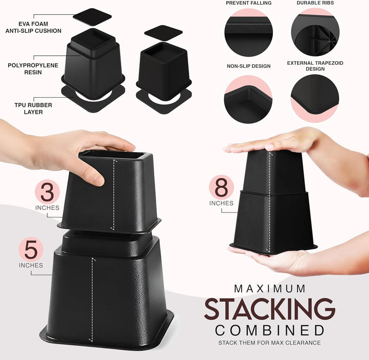 Adjustable Bed Risers 3 & 5 Inch, Black, 4-Pack