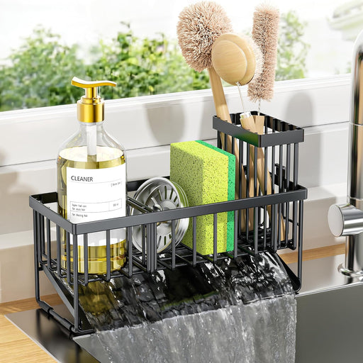Sink Caddy Sponge Holder for Kitchen with Brush Holder and Stainless Steel Self Drain Tray, Rustproof Kitchen Sink Organ