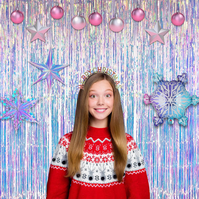 Iridescent Party Streamers Backdrop -  Neon Transparent Holographic Tinsel Foil Fringe Curtain for Mermaid/Frozen/Sea/Euphoria/ERAS Party Theme Decorations 3.2ft x 6.5ft 2 PCS