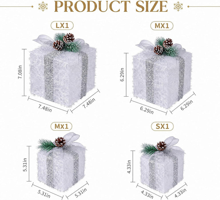 Set of 4 Christmas Lighted Gift Boxes, Battery Operated Xmas Decor