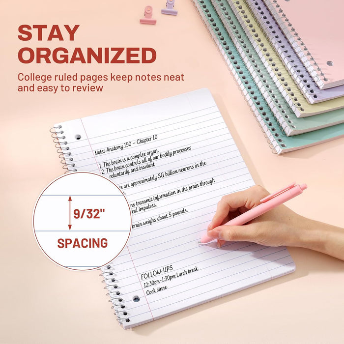 Spiral Notebooks, 1-Subject, 5 Pack, College Ruled Paper, 8" x 10-1/2", 70 Sheets per Notebook,3-Hole Punched Paper, Pin