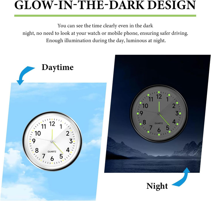 2PCS Stick on Dashboard Car Clock, Mini Luminous Analog Clock with Vent Clip & Adhesive Tape, Tiny Watch Pocket Clock Air Vent Dashboard Decor for Car Motorcycle Bike Home (Golden+White)