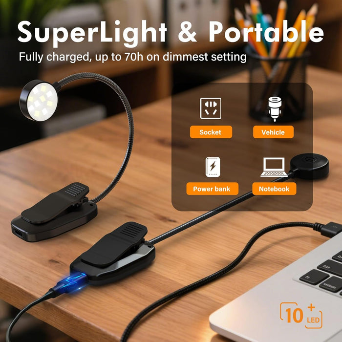 2 Pack Rechargeable Book Light Clip-On Reading Light for Books in Bed