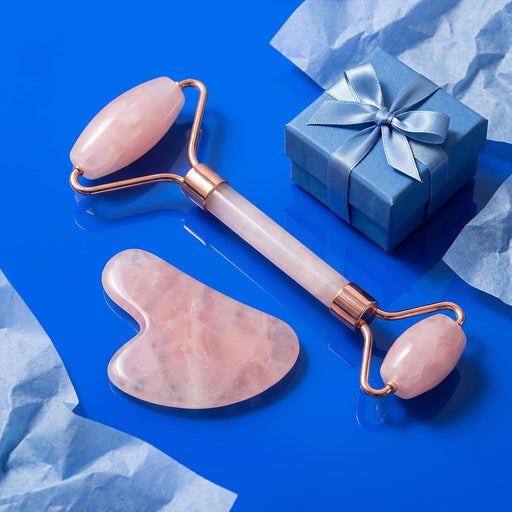 IcyMe Rose Quartz Roller & Gua Sha Facial Tool Set for Depuffing