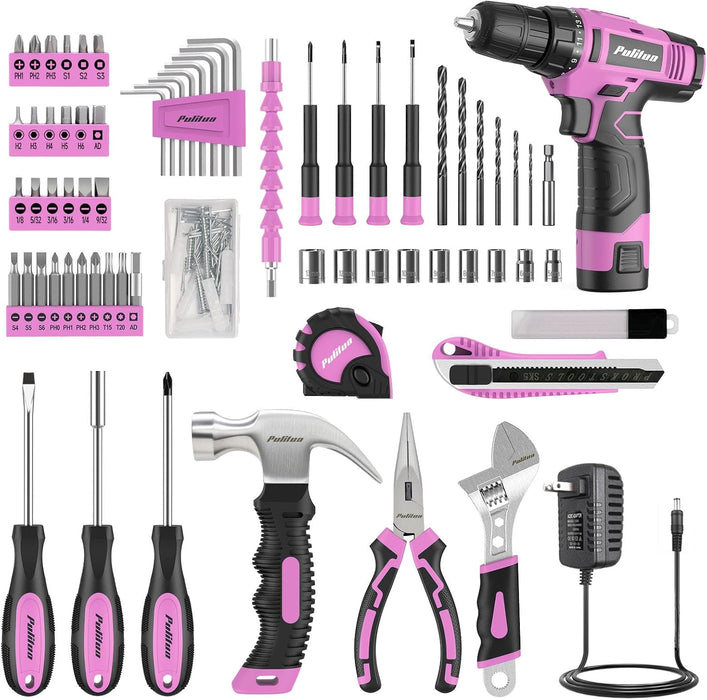 Drill Set, 149-Piece Home Tool Set with 12V Pink Cordless Drill, Tool Box, Hand Tool Kits for Women & Men and DIY Enthus