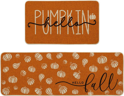 Orange Hello Pumpkin Fall Kitchen Mats Set of 2 - 17x29+17x47"