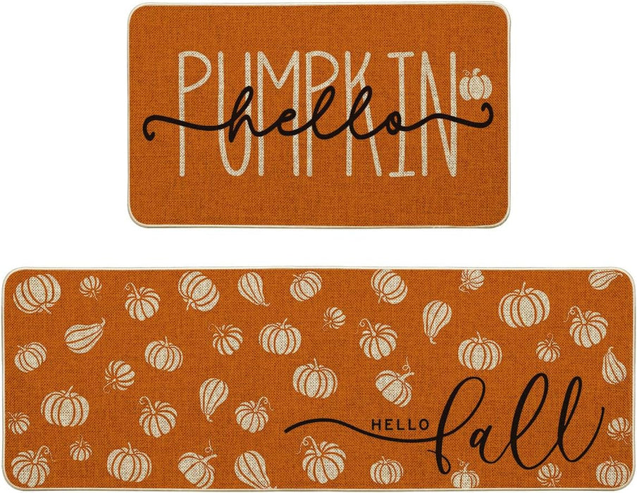 Orange Hello Pumpkin Fall Kitchen Mats Set of 2 - 17x29+17x47"
