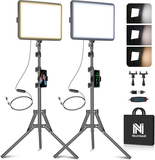 2-Pack LED Video Light Kit, Studio Light, 2800-6500K Dimmable Photography Lighting Kit with Tripod Stand&Phone Holder, 7