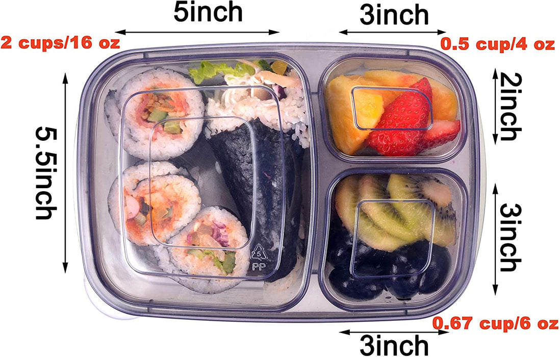7 Pack Bento Lunch Box, Meal Prep Containers, Reusable 3 Compartment Plastic Divided Food Storage Container Boxes
