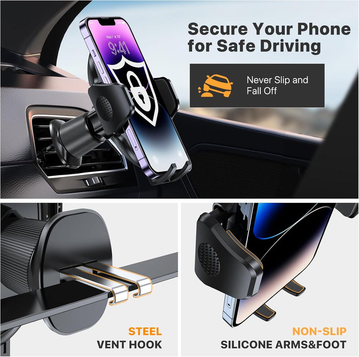 Phone Holders for Your Car with Metal Hook Clip, Air Vent Cell Phone Stand Car Mount, Universal Automobile Cradle for Garmin GPS Fit iPhone Android and All Smartphones, Dark Black