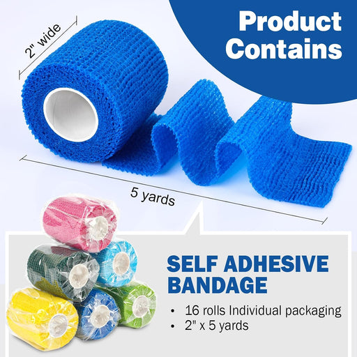 16 Pack Self Adhesive Bandage Wrap, 2" X 5 Yards Elastic Cohesive Bandage Wrap, Color Athletic Tape, Vet Wrap, Ankle Tape