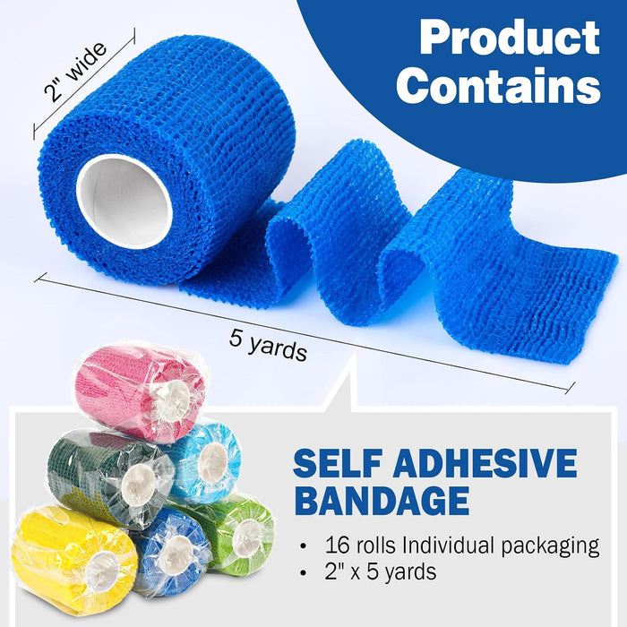 16 Pack Self Adhesive Bandage Wrap, 2" X 5 Yards Elastic Cohesive Bandage Wrap, Color Athletic Tape, Vet Wrap, Ankle Tape