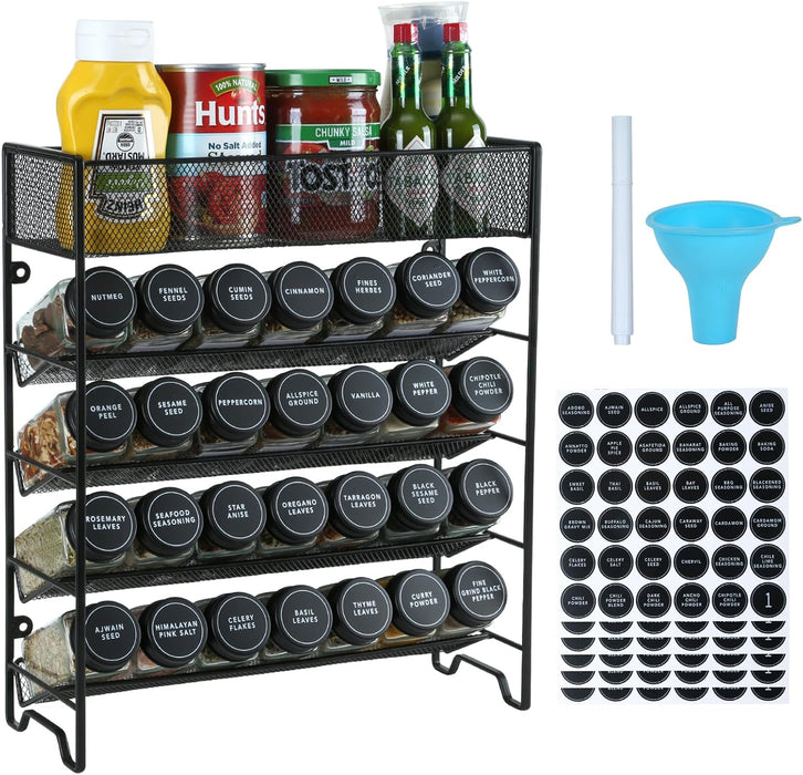 Spice Rack Organizer with 28 Spice Jars, Black Lids, Spice Labels