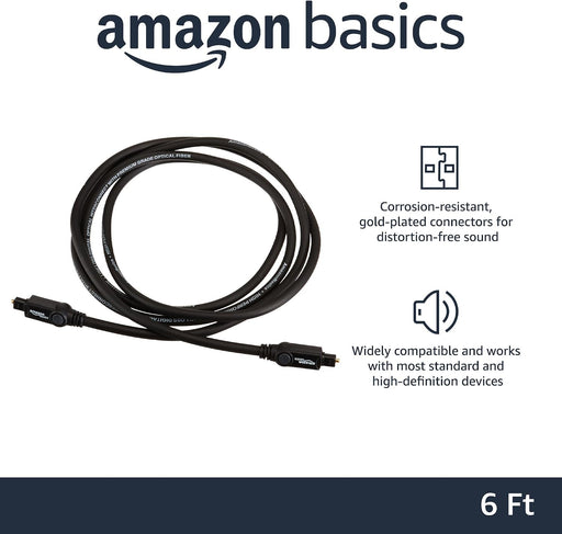 Toslink Digital Optical Audio Fiber Optic Cable, Multi-Channel, for Sound Bar, Audio System, Home Theatre, Game Console, Blu-Ray Player, Gold-Plated Connectors, 6 Foot, Black