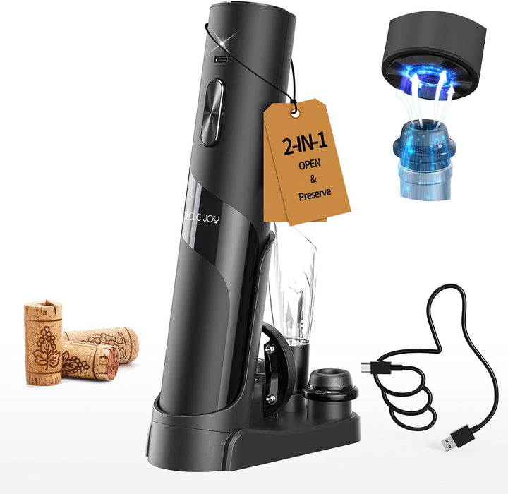 Electric Wine Opener Rechargeable, 7-in-1 Automatic Wine Bottle Opener Gift Set with Electric Vacuum Pump, Foil Cutter, Aerator Pourer, 2 Stoppers & Charging Base, Black