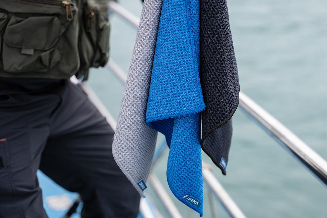 Microfiber Fishing Towels with Clip, Waffle Pattern for Effective Cleaning of Fishing Gears or Dirty Hands, 16” x 16”, Camping Towels, Hiking Towels, Pack of 3 (Black/Grey/Blue)