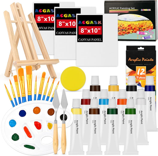 ACKASK Painting Kits for Adults Kids,Acrylic Paint Canvas Easel Set,30 Pcs Drawing Painting Supplies Art Kit,12 Paints,1