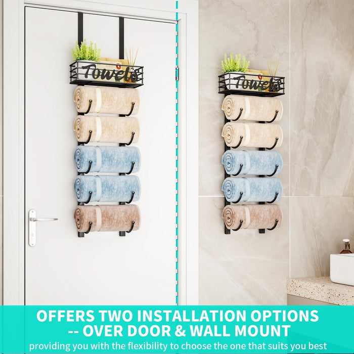 Towel Racks for Bathroom Storage - 6 Tier Over The Door & Wall Mount Rolled Towel Storage Organizer Holder with Metal Shelf Basket for Small Bathroom, Camper, Rv - Black, Patented