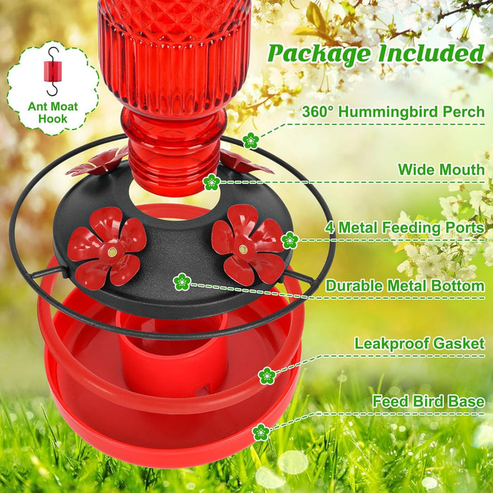 Glass Hummingbird Feeder for Outdoors Hanging, 16 OZ Humming Birds Feeders with 4 Bee Guard Feeding Ports & Built-in Ant Moat, Bird Feeder for Outside, Gifts for Women Mom, Red