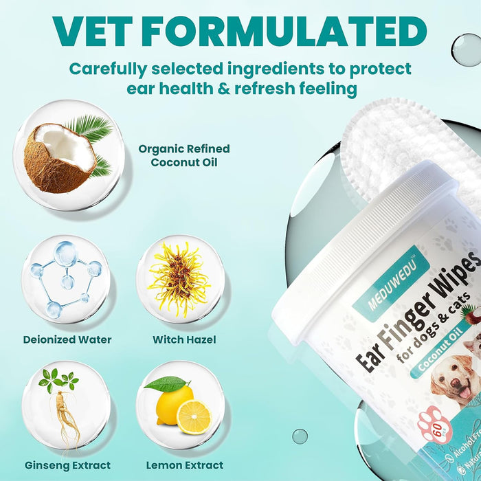 Ear Cleaner Finger Wipes 60 Counts, Dog Ear Cleaner, Grooming Kit Care for Dogs and Cats, Soft & Easy Otic Cleaning Pads