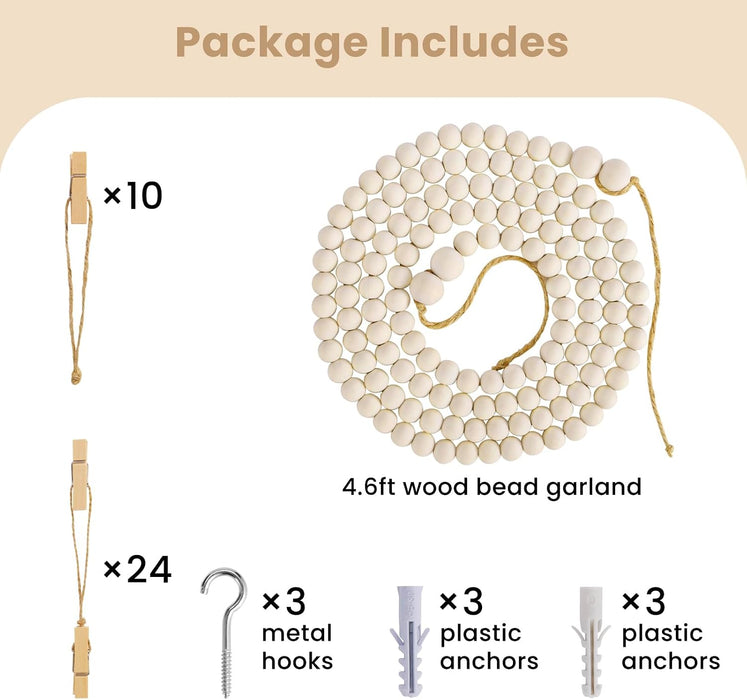 Kids Art Display Wall Decor, Wood Beads Garland with 34 Clips