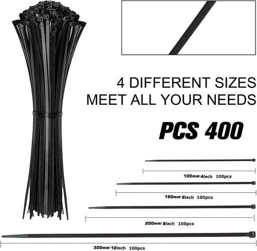 Cable Zip Ties,400 Pack Black Assorted Sizes 12+8+6+4 Inch,Multi-Purpose Self-Locking Nylon Cable Cord Management,Plastic Wire Ties for Home,Office,Garden,Workshop. By