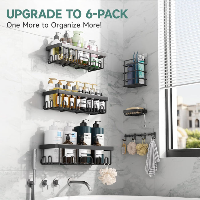 Shower Caddy 6-Pack with Hooks, Bathroom Organizers & Storage, Black