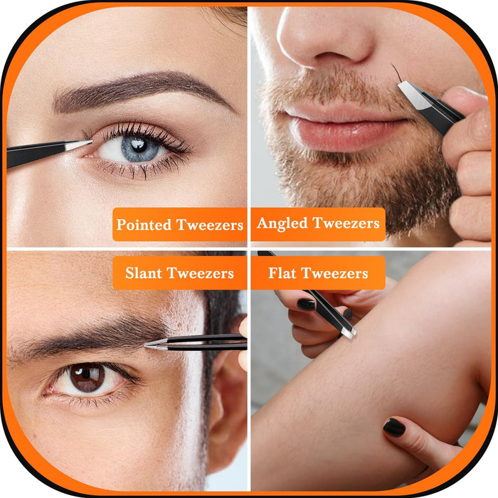 Tweezers for Men, 8 in 1 Professional Eyebrow Tweezers Kit with Eyebrow Trimmer & Scissors, Razor, Brush, Skin Care Tools