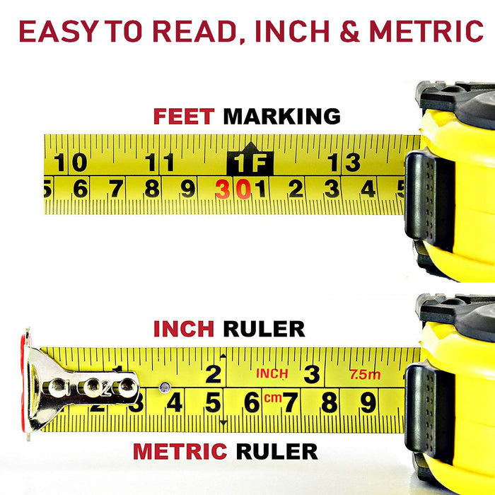 Measuring Tape Measure, 25 Ft Easy to Read Decimal Retractable Dual Side Ruler with Metric and Inches, for Surveyors, En