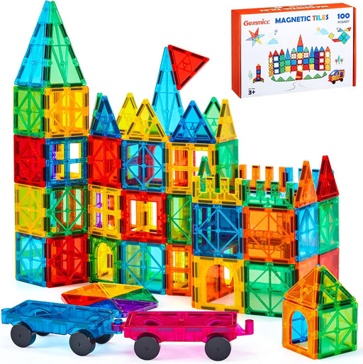 100 PCS Magnetic Tiles with 2 Cars, Magnet Stacking Blocks Kids