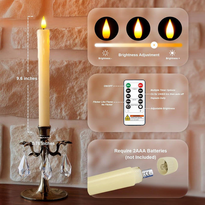 Real Wax LED Flameless Taper Candles with Remote Timer, 9.6 Inches Ivory Fake Candlesticks, Dripless Battery Operated Window Candle with 3D Flickering Flame for Fireplace Xmas Halloween