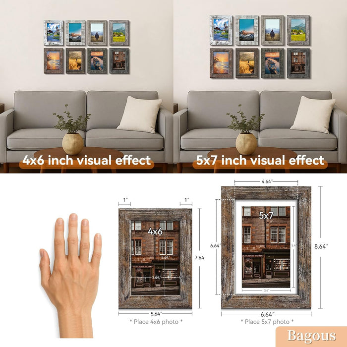 5x7 Picture Frames Set of 8, Vintage Rustic Farmhouse Industrial Style Photo Frames, High Definition Real Glass, for Tabletop or Wall Hanging