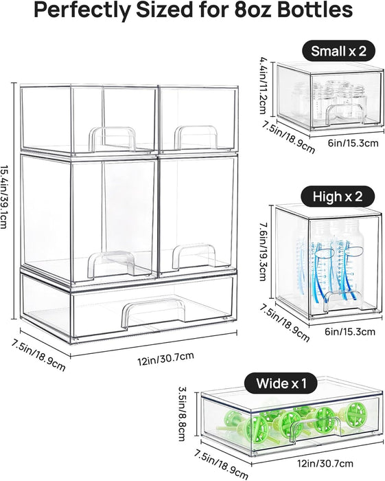 Clear Stackable Storage Drawers Set of 5, Plastic Organizer Bins