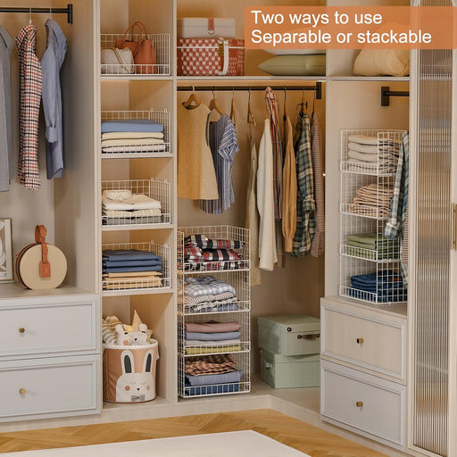 4-Tier Stackable Closet Organizers and Storage Basket, Foldable Closet Shelf Organizer System, Space-Saving Clothes Stor