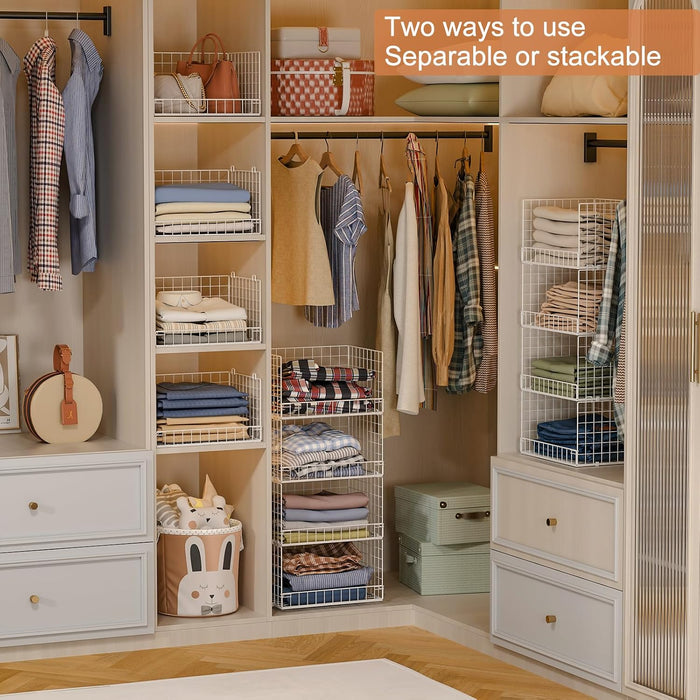 4-Tier Stackable Closet Organizers and Storage Basket, Foldable Closet Shelf Organizer System, Space-Saving Clothes Stor
