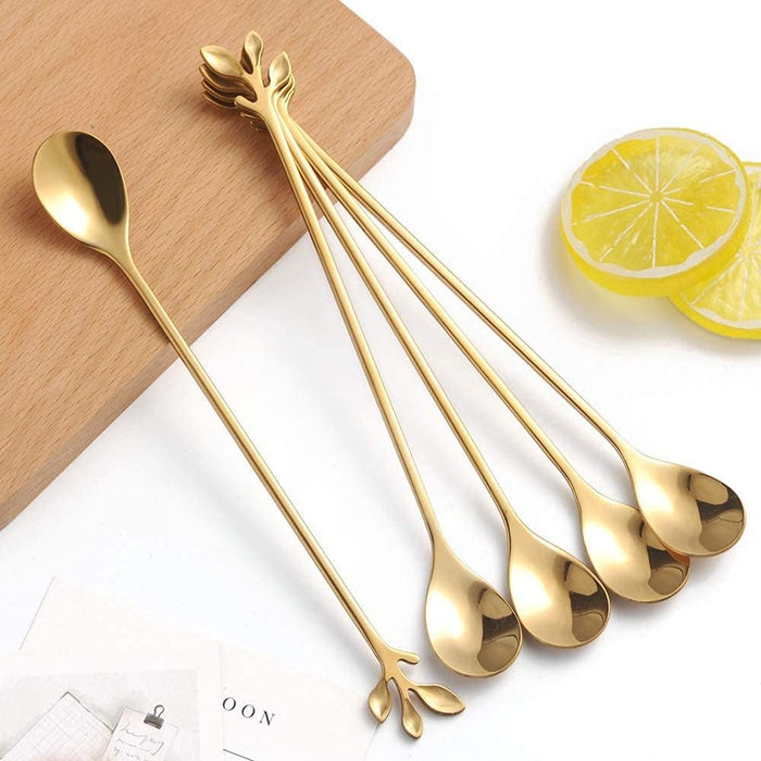 6-Piece Elegant Gold Leaf Long Handle Teaspoons - 7.4"