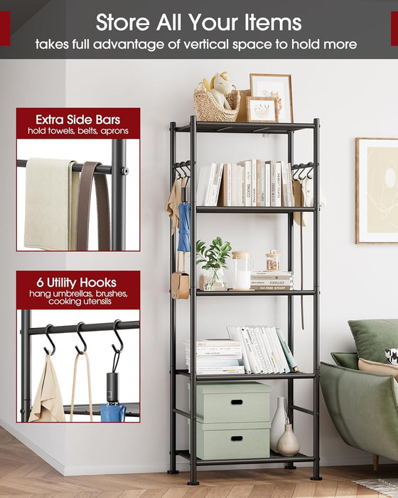 5-Tier Storage Rack Organizer with Hooks, Heavy Duty Metal Garage Rack with Leveling Feet, Freestanding Utility Rack for