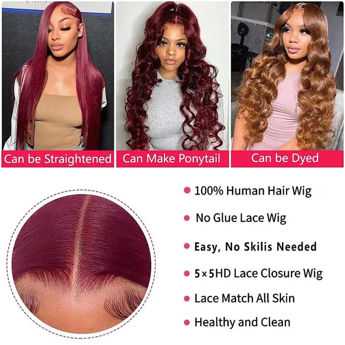 Wear and Go Glueless Wigs Human Hair Pre Plucked Pre Cut 5x5 HD Lace Closure Wigs Human Hair 99j Burgundy Lace Front Wigs Human Hair for Beginners 180% Density Body Wave Ready to Wear Wigs 20 Inch