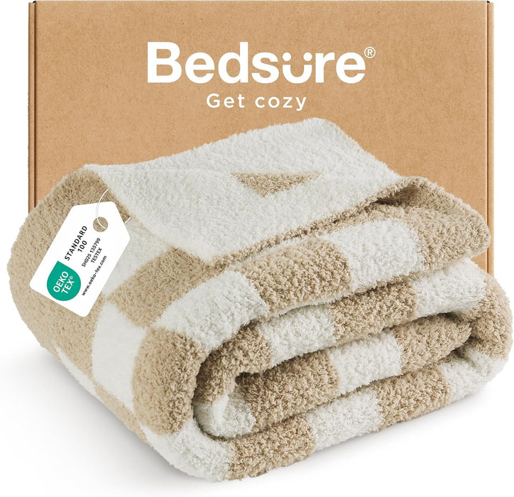 Beige Fall Throw Blanket for Couch, Cozy Soft Checkered Blanket, Lightweight Warm Knit Fluffy Throw Blankets for Bed Sofa, Camping, Picnic, Travel, Gifts for Women Men, 50x60 Inches