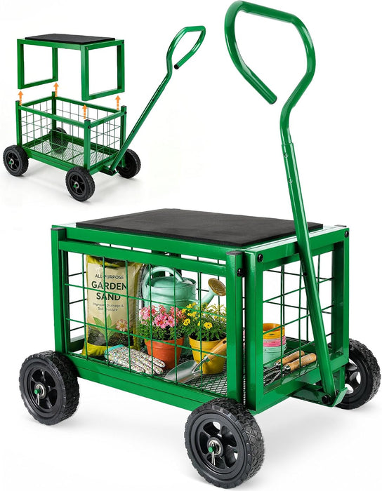 Garden Cart with Detachable Seat, Rolling Garden Seat with Wheels