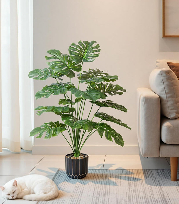 Fake Plants Monstera Plant, 28" Artificial Potted Plants Indoor with Black Gold Pot for Home Decor, Faux Plants Greenery