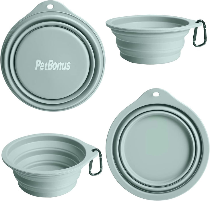 2-Pack Silicone Collapsible Dog Bowls, BPA Free Dishwasher Safe, Portable Foldable Expandable Travel Bowl, Food Water Feeding Cup Dish for Dogs Cats with 2 Carabiners (Turquoise, Tan)
