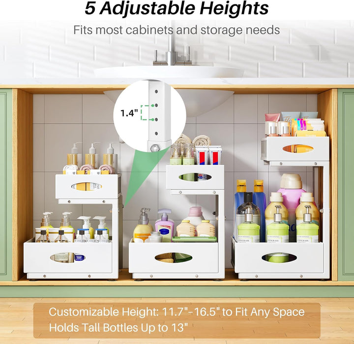 Under Sink Organizer, 2-Pack Pull Out Cabinet Organizer 2 Tier Metal Slide Out Storage Shelf Rack, L-Shaped Adjustable H