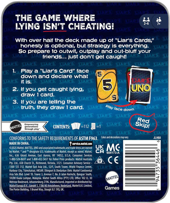 Liar’s UNO Card Game in Storage Tin,Ages 7+, 2-6 Players