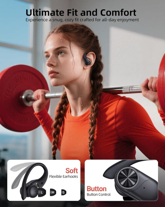 Bluetooth Headphones Wireless Earbuds 80hrs Playtime Wireless Charging Case Digital Display Sports Ear Buds with Earhook Deep Bass IPX7 Waterproof Over-Ear Earphones for TV Phone Laptop Black