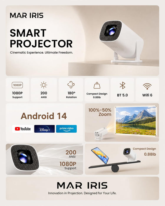 Mini Portable Projector with WiFi Bluetooth, Built‑in Android 14 Apps