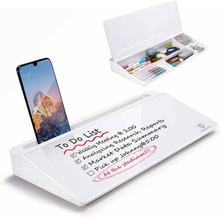 Small Desktop Whiteboard -Glass Dry Erase Board Computer Keyboard Stand White Board Surface Pad with Drawer, Desk Organi