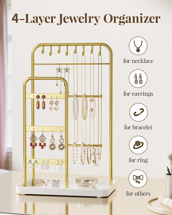 Jewelry Holder Stand: Jewelry Display for Necklace, Bracelet, Earring, Ring, White & Gold