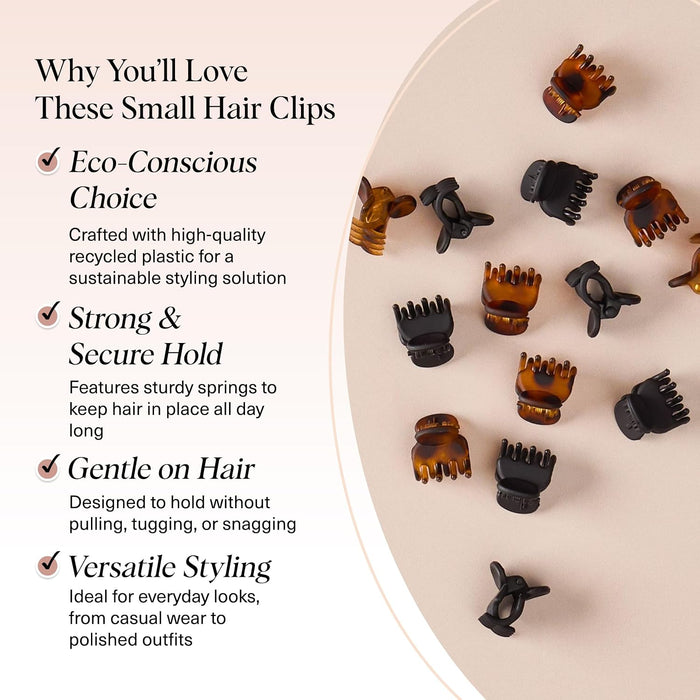 Mini Hair Clips for Women - Tortoise & Black, 16 Pcs